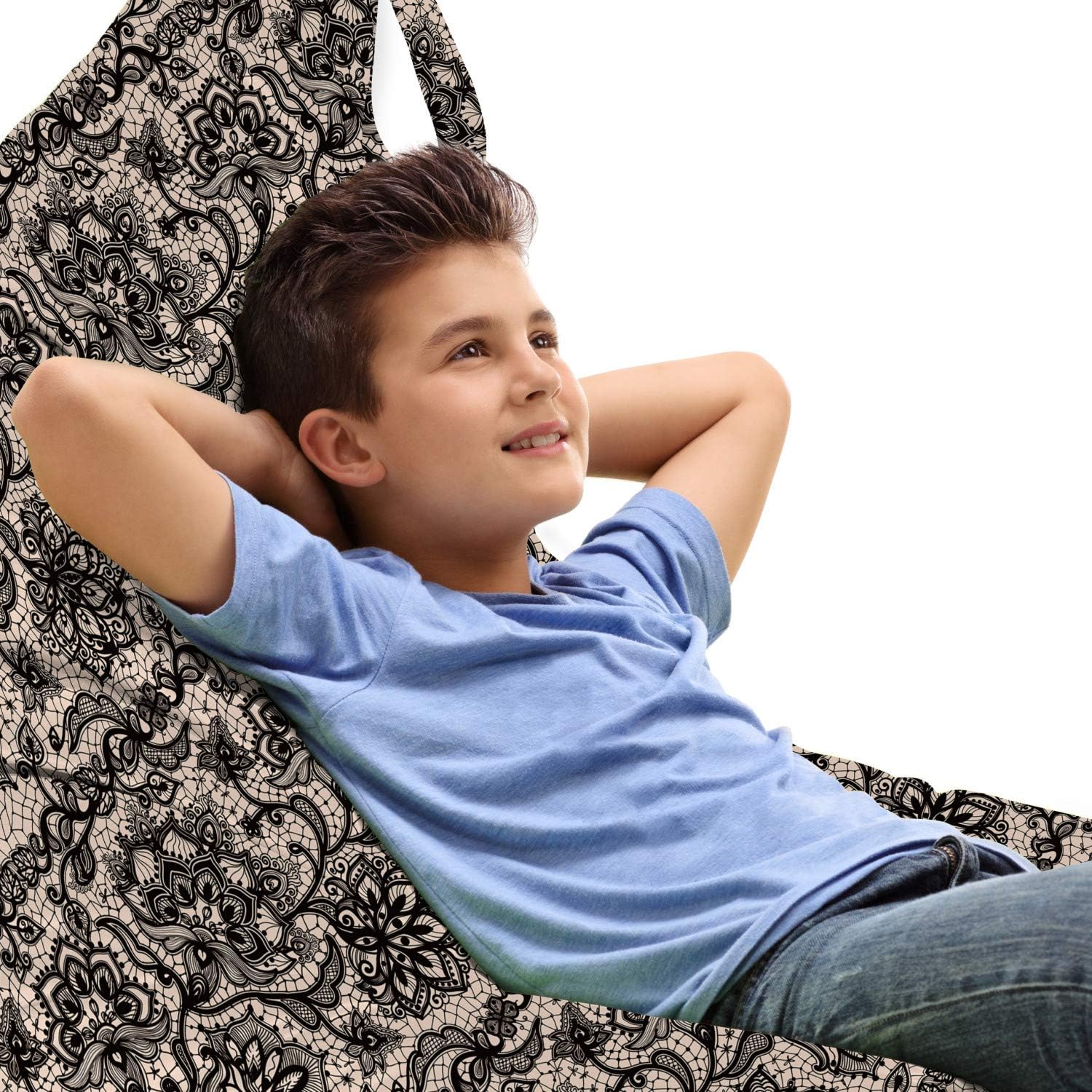 Ambesonne Gothic Lounger Chair Bag, Abstract Graphic Lace Pattern Flowers Butterflies Old Fashioned Nature Inspired, High Capacity Storage with Handle Container, Lounger Size, Tan Black