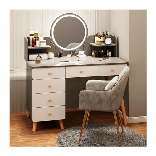 Vanity Desk with Mirror and Lights Wooden Dressing Table Multifunctional Makeup Table with Mirror Comfortable Cabinets Living Room Bedroom Furniture Vanity Desk(Gris,L 80cm*D40cm*H120CM)