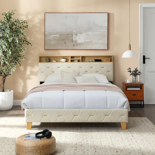 Queen Bed Frame, Storage Headboard with Charging Station, Metal Platform Bed Frames Queen Size w/Large Under Bed Storage Space, Solid & Stable, No Box Spring Needed, Easy Assembly, 86.3