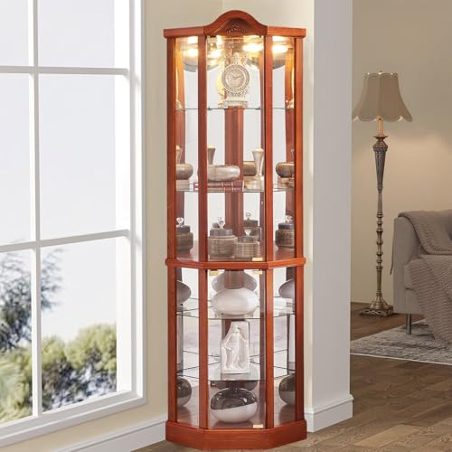 Lighted Wooden Corner Display Curio Cabinet, Two Section Shelving Unit with Tempered Glass Door, Bar and Liquor Storage Area with 6 Shelves - Lorona, Oak