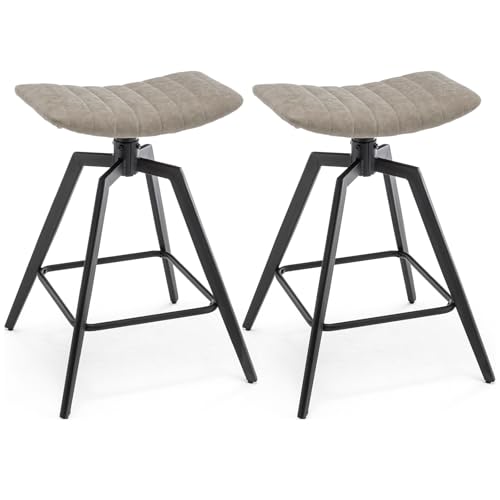 Leather Saddle Stools Counter Height, 24 Inch Swivel Bar Stools for Kitchen Island Counter, Modern Counter Stools Backless Bar Stools with Black Metal Legs & Leather Saddle Seat, Set of 2, Black