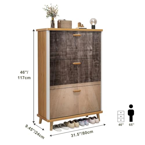 3 Drawer Shoe Cabinet, Artistic shoe cabinet, Old brown rustic weathred dark grunge wooden timber table wall floor Wood Shoe Rack Organizer for Entryway Slim (31.5”W x 9.45”D 46”H)