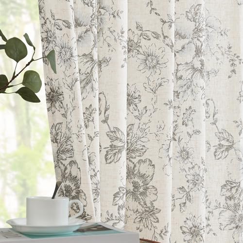 jinchan Linen Curtains Floral Curtains for Living Room 84 Inches Long Printed Curtains with Tassels Rod Pocket Farmhouse Rustic Peony Flower Patterned Drapes Bedroom Window Curtains Set 2 Panels