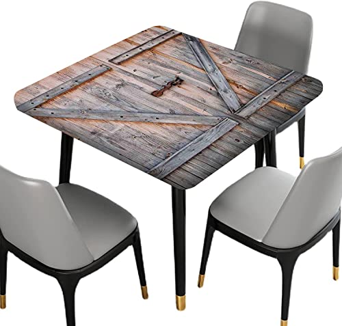 Wooden Square Fitted Elastic Edge Tablecloth, Timber Oak Background Rustic Floor Stain & Wrinkle Resistant Table Cover, Polyester Table Cloths for Indoor Outdoor Garden Picnic Party, 54x54 Inch, Brown
