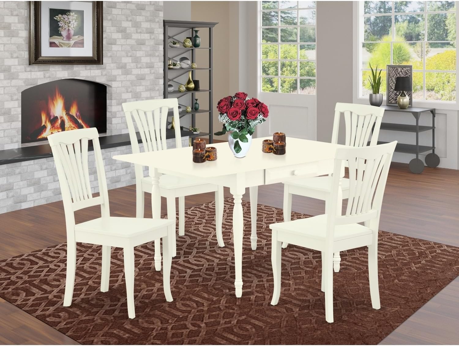 Medieval Moods 5Pc Kitchen Set Includes A Rectangular Table and 4 Dining Room Chairs with Wooden Seat, Drop Leaf Table with Slat Back Chairs, Linen White Finish