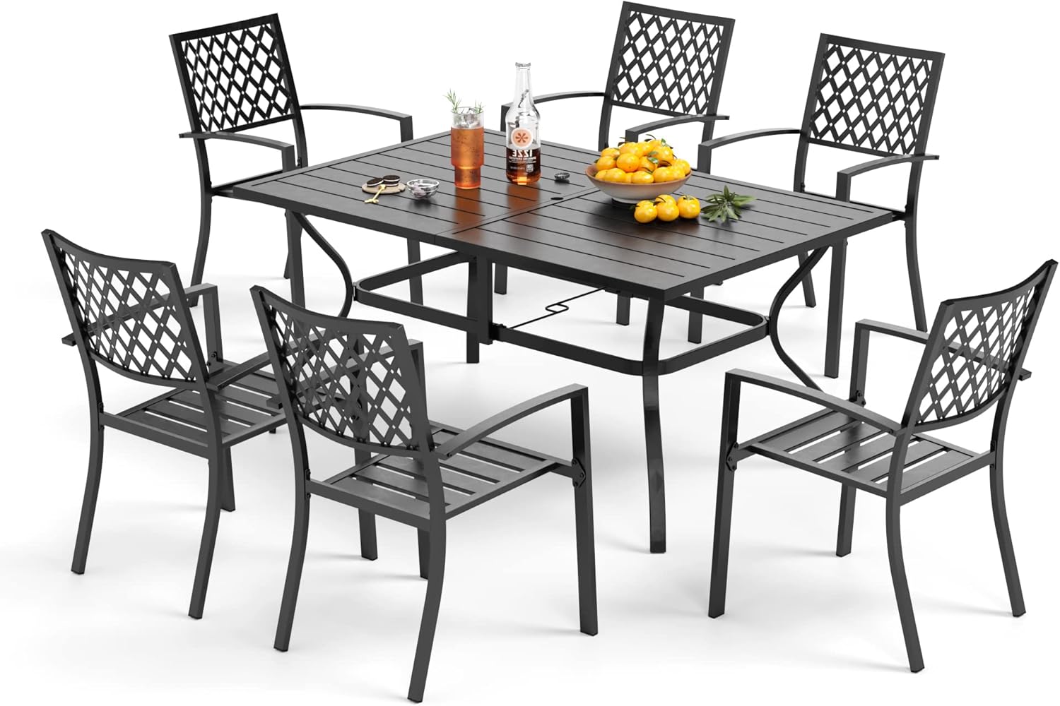 PHI VILLA 7-Piece Outdoor Patio Dining Set, 6 Stackable Metal Chairs with E-Coating and 1 Rectangular Table with Umbrella Hole for Patio, Deck
