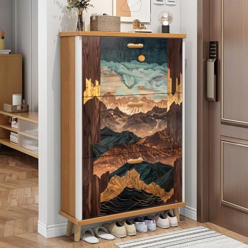 3 Drawer Shoe Cabinet, Artistic Shoe Cabinet, Calm Palette Mid Century Aesthetic Birch Wood Art Wood Shoe Rack Organizer for Entryway Slim (31.5”W x 9.45”D 46”H)