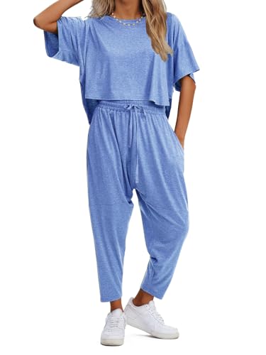 EXLURA Women's Summer 2 Piece Outfits Short Sleeve Crop Top and Jogger Pants Loose Pajama Lounge Matching Sets Tracksuit 2024