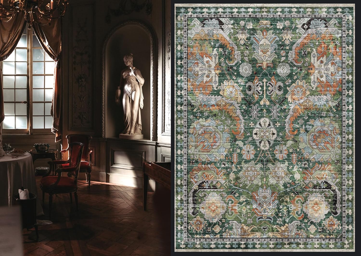 Washable Area Rugs - Perfect for Living Room, Bedroom, Kids Room, Nursery - Stain & Water Resistant Non-Slip, Pet & Child Friendly, Vintage Tribal Area Rugs (Green, 3' x 5 ')