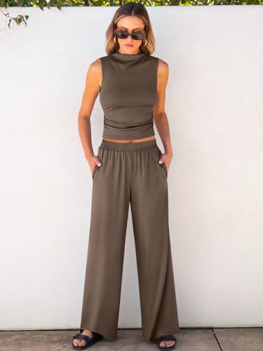 ANRABESS Womens 2 Piece Outfits 2024 Summer Mock Neck Sleeveless Cropped Tank Tops Wide Leg Long Pants Tracksuits Lounge Sets