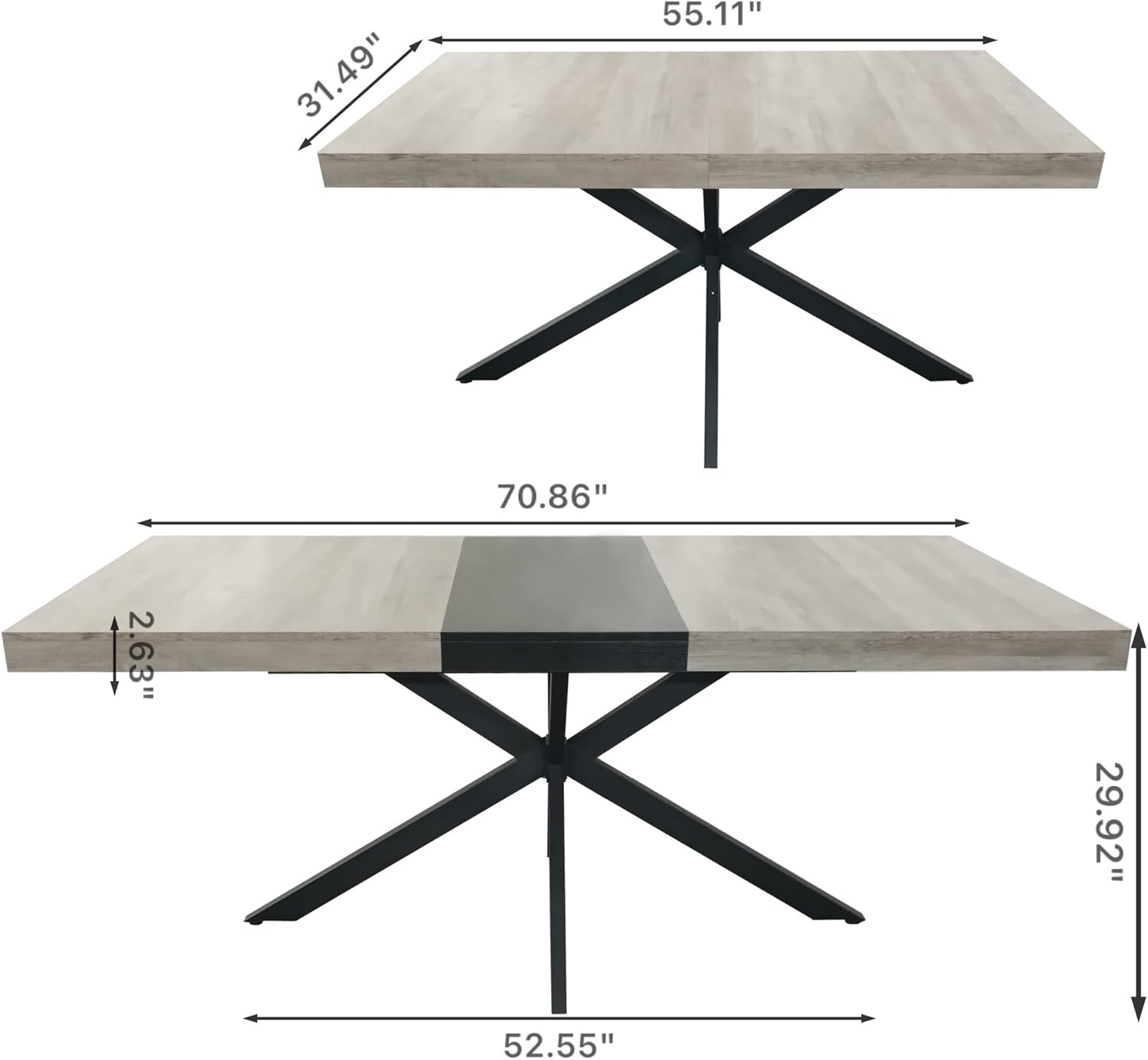 Retro Rectangular Stretch Dining Table, Grey Carole Top Embossed Center Plate, Black Fine Sand Cross Iron Foot Base DiningTable w/Storage Box, 1