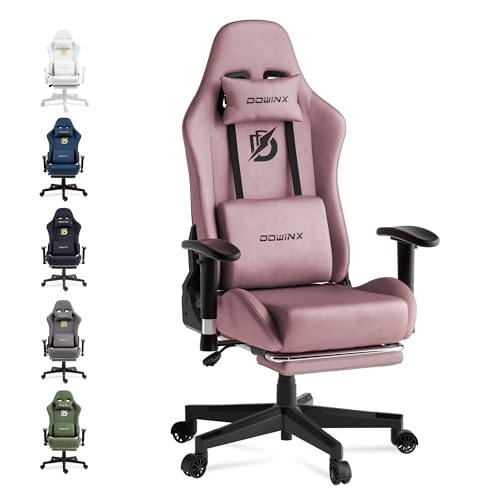 Dowinx Gaming Chair with Massage Lumbar Support, Suede Fabric Ergonomic Computer Chair with Footrest for Adults, High Back Reclining Game Chair for Office Gaming, Grey