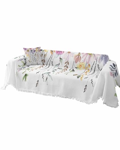 Floral Pink Purple Sofa Cover Couch Covers for 3 Cushion Couch Throw Couch Cover with Tassel Soft Sofa Slipcover Spring Summer Flowers Leaf Beige Couch Furniture Protector for Dog Pet 71