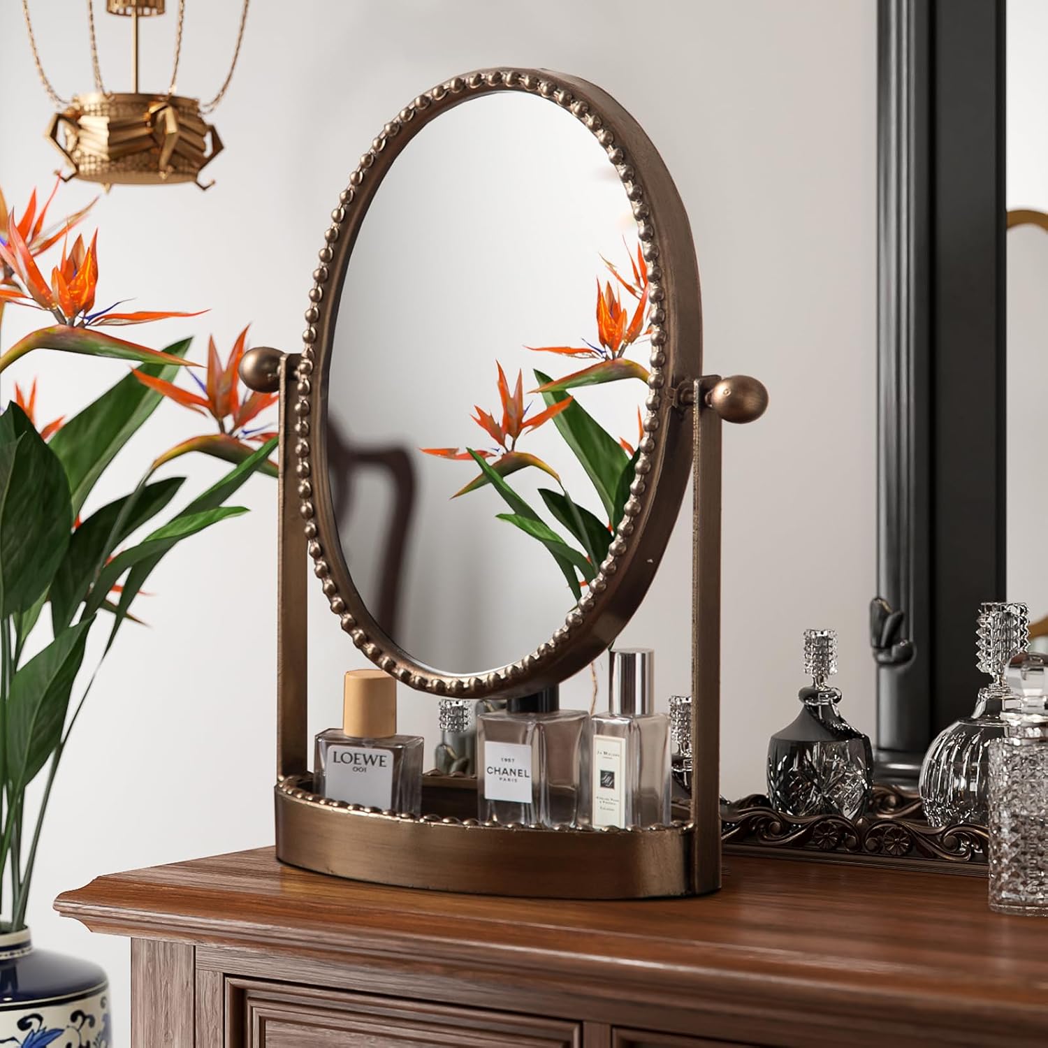 Vintage Desk Makeup Mirror with Tray, Wooden Desk Mirror, Wood Retro Desktop Dressing Mirror, Table Top Mirror for Countertop, Bedroom,Bathroom, Living Room