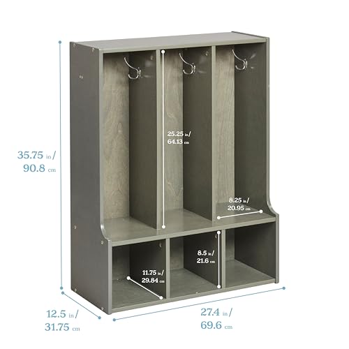 ECR4Kids Streamline 3-Section Toddler Coat Locker with Bench, Kids Furniture, Grey Wash