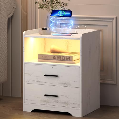 dnbss White Nightstand with Charging Station Set of 2, Nightstand with 24-Color RGB LED Lights, Bedside Table with 2 Drawers, Night Stands for Bedroom Set of 2, End Tables Set of 2 (White)