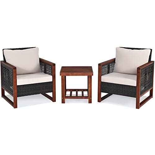 COSTWAY 3 Pieces Wicker Patio Furniture Set, Outdoor Wicker Sofa with Acacia Wood Frame, Coffee Table & Washable Cushions, Rattan Conversation Sets for Yard, Porch, Bistro, Balcony, Backyard, Beige