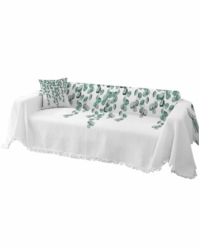 Couch Covers for Armchair, Eucalyptus Leaf Reversible Non Slip Sofa Towel with Tassel, Teal Botanical Watercolor Plants Washable Furniture Protector Slipcover for Living Room/Bed Room, S-71