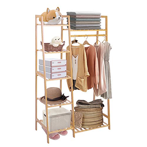 Ufine Bamboo Clothes Hanging Rack with 2 Tier Storage Shelves and 2 Coat Hooks Portable Laundry Rack Cloest Organizer Garment Rack for Bedroom Guest Room