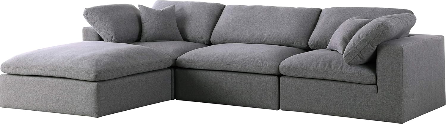 Meridian Furniture Serene Collection Modern | Contemporary Deluxe Comfort Modular Sectional, Soft Linen Textured Fabric, Down Cushions, 2 Corner + 1 Armless + 1 Ottoman, Grey