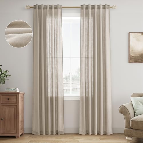 108 Inch Long Linen Curtains for Living Room Dinning Room 2 Panels Rod Pocket Light Filtering Semi Sheer Cream Ivory Colored Curtain for Sliding Door Farm House 52x108