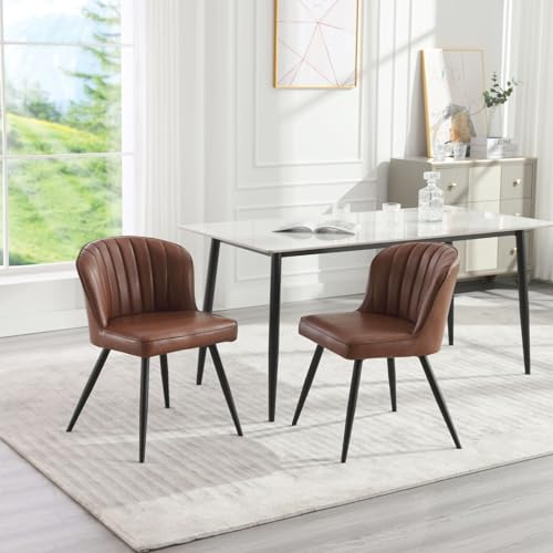 Green Leather Dining Chairs, Upholstered Kitchen Chairs Set of 4 with Shell Shaped Back, Modern Armless Dining Room Chairs with Metal Leg, Comfy Side Chair for Living Room, Dining Room, Green