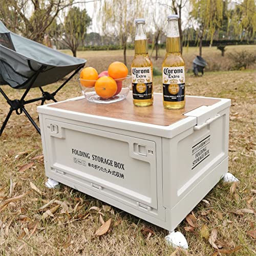 Folding Storage Box with Wooden Lids and Doors,47.5 Qt./45L Stackable Collapsible Closet Organizer,Outdoor Multifunctional Plastic Bins,Camping,Car Trunk,Home Sorting