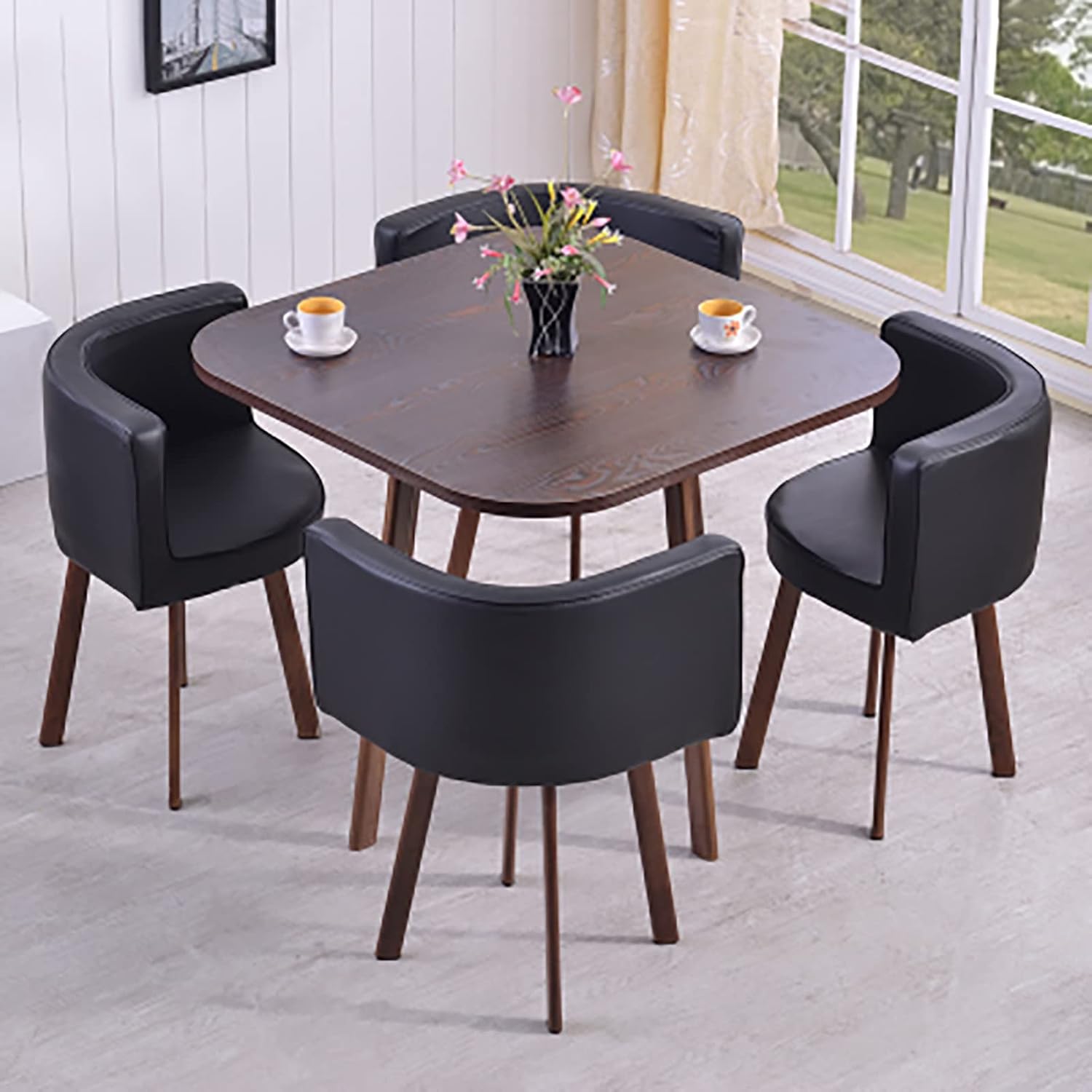 Marble Texture Round Dining Table Set Space Saving Round Dining Table Set 4 Seater Coffee Table Round Table for Dining Room and Kitchen with Recessed Rest