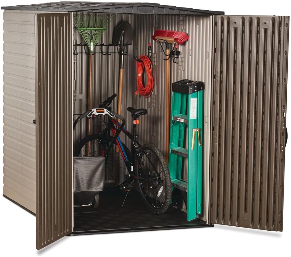 Rubbermaid Large Vertical Resin Outdoor Storage Shed With Floor (5 x 6 Ft), Weather Resistant, Brown, Organization for Home/Backyard/Garden Tools/Lawn Mower/Bike Storage/Pool Supplies