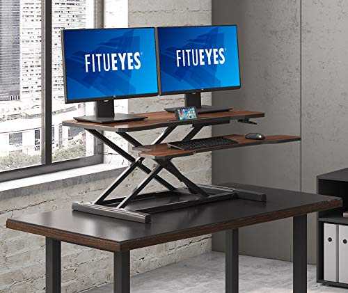 FITUEYES Height Adjustable Standing Desk 36” Wide Sit to Stand Converter Stand Up Desk Tabletop Workstation for Dual Monitor Riser FSD309101WB