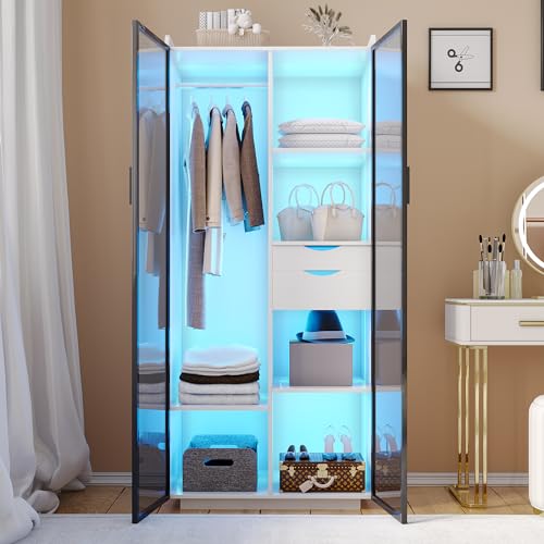 Lvifur 71” Armoire Wardrobe Closet with 3 Colors Light, Auto Sensor Closet Wardrobe Cabinet, Wooden Closet for Bedroom with Hanging Rod, Adjustable Shelves and Drawers, Black