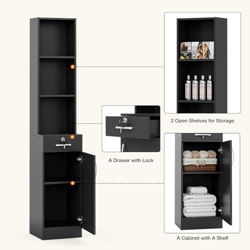 Wall Mount Beauty Salon Storage Station,Barber Shelf Stations Hair Styling Spa Equipment Storage Cabinets with Door, Drawer and Shelves,Black