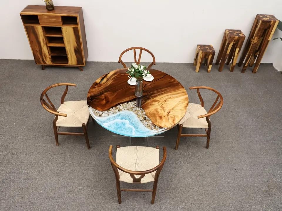 TUZECH Customized Round Epoxy Table Ocean Waves with Stone Look Epoxy Table Coastal Table Dining Table Coffee Table Side/End Table Living Room Table Home Décor (without Stand, 18 x 18 Inches)