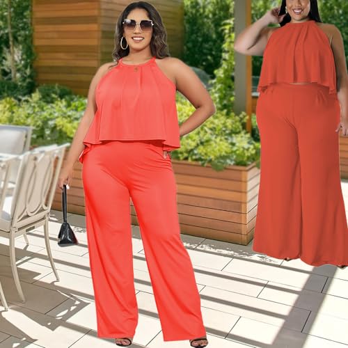 YeGine Women's Plus Size 2 Piece Outfits Summer Casual Sexy Sleeveless Top Lounge Wide Leg Long Pants Set