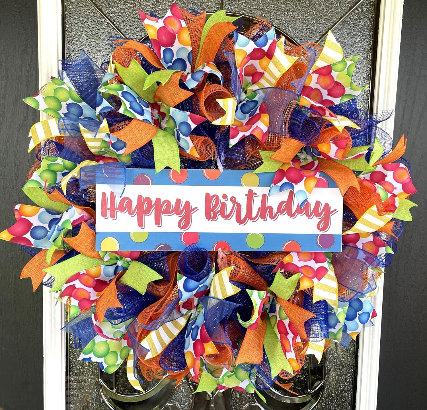 Happy Birthday Balloon Primary Color Party Deco Mesh Front Door Wreath Home Holiday Decor Fun Festive Summer Decor Indoor Outdoor