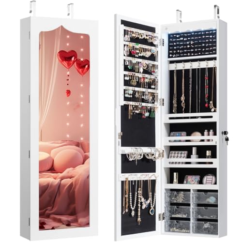 CHARMAID Jewelry Cabinet Armoire, Wall Mount Door Hanging, Lockable Jewelry Organizer with 47.5'' Full Length Mirror, 5 Lights, Large Jewelry Storage Box with 6 Acrylic Drawers (White)