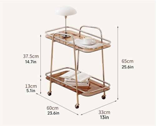 2-Tier Glass End Table with Wheels, Mobile Rolling Cart, Metal Frame and Tempered Glass Handcart, Home Bar Serving Carts for Home, Kitchen, Dining Room, Living Room Party(Gold)
