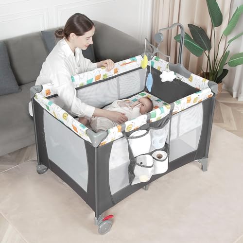 Pack and Play, Baby Bassinet Bedside Sleeper with Diaper Changer, Baby Playard, Baby Travel Playpen, Portable Baby Crib with Carry Bag, Easy to Install