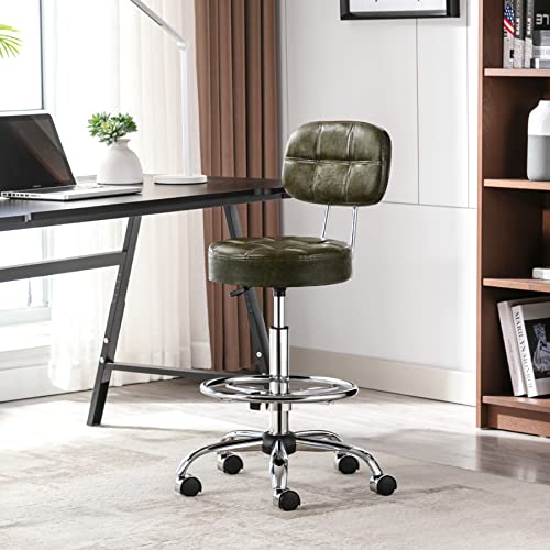 Oryxearth Rolling Stool with High Back PU Leather Adjustable Height Footrest Swivel Work Drafting Chair Thick Seat Cushion Office Desk Chair for for Salon, Massage, Shop, Counter, Coffee
