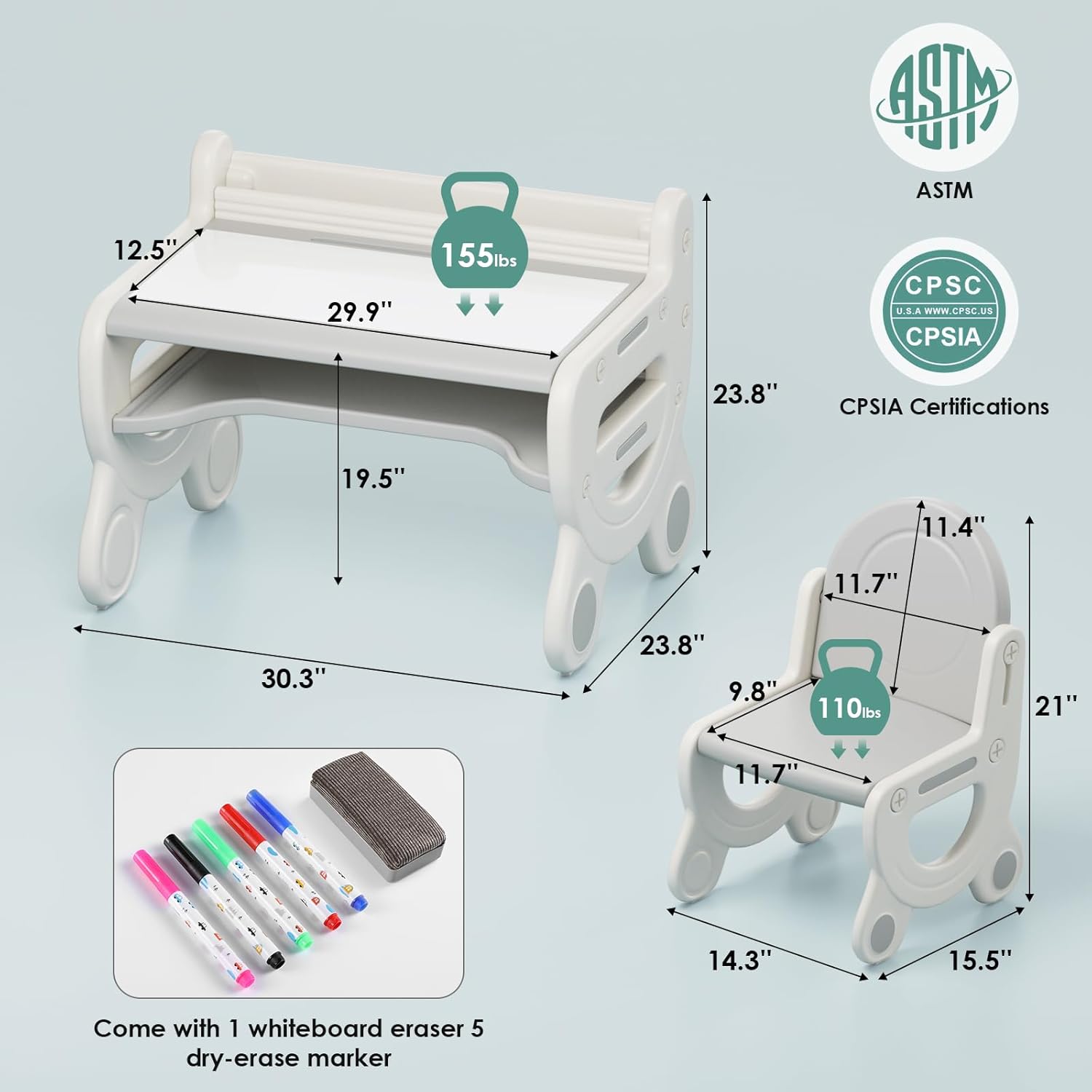 MAMIZO Kids Table and Chair Set w/Erasable Tabletop, Plastic Activity Table, Watercolor Pens, Blackboard Eraser, Bookshelf Storage, Toddler Table & Chair for Drawing Reading Eating