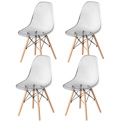 Mid-Century Modern Style Dining Chair with Wooden Dowel Eiffel Legs, DSW Transparent Plastic Shell Accent Chair (Gray)
