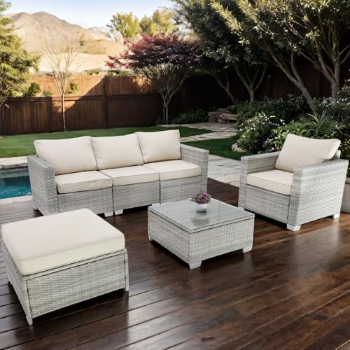7 Piece Patio Furniture Set, All-Weather Wicker Outdoor Conversation Set with Sectional Sofa, Rattan PE Wicker Seating, Glass Coffee Table, and Cushions (Coffee-Red, Z7)