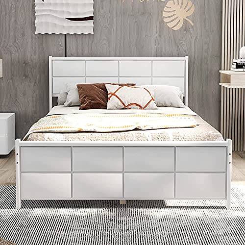 Full Platform Bed, Rockjame Minimalistic Stylish Wood Bed Frame with Rectangular Line Shape Headboard and Footboard, Perfect for Kids, Teens and Adults (Walnut) (Color : White, Size : Queen)