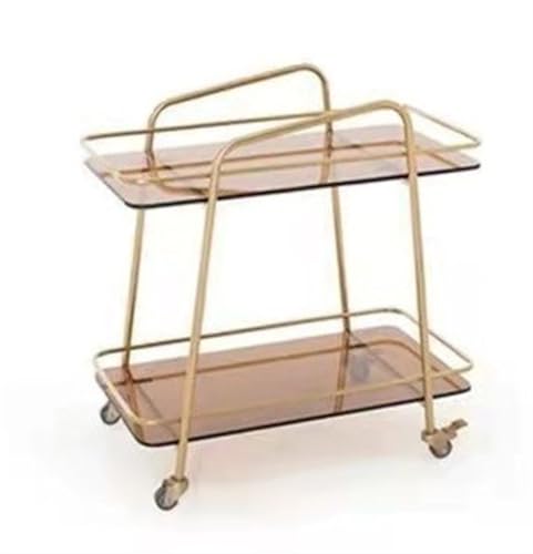 2-Tier Glass End Table with Wheels, Mobile Rolling Cart, Metal Frame and Tempered Glass Handcart, Home Bar Serving Carts for Home, Kitchen, Dining Room, Living Room Party(Gold)