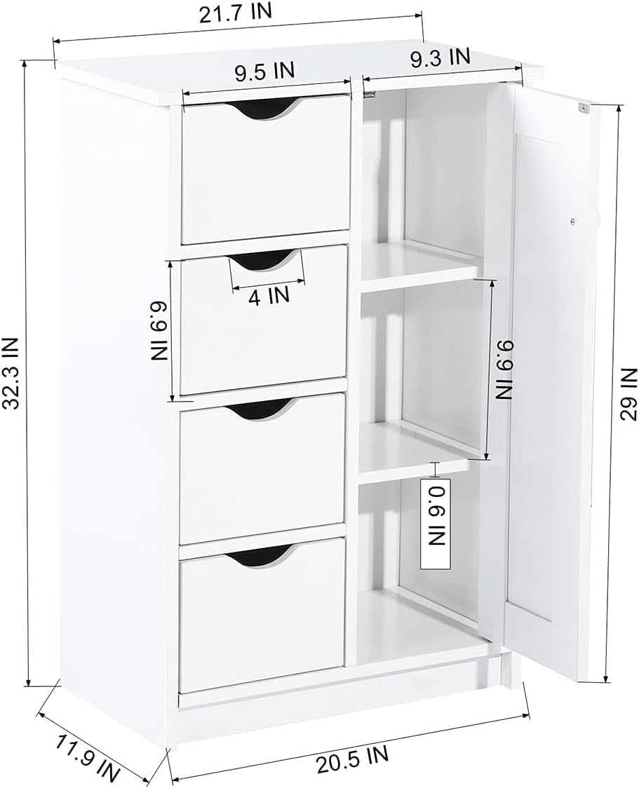 FurnitureR Free-Standing Entryway Unit Console Table, Cupboard for Kitchen/Living Room/Bathroom Floor Cabinet Wooden Storage Organizer with 1 Door and 4 Drawers, Small, White