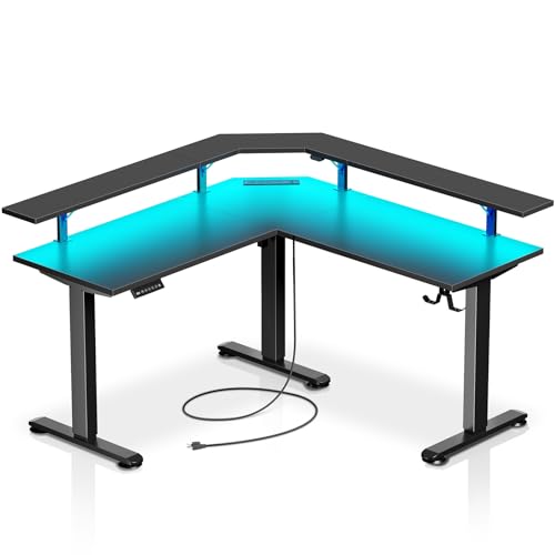 Rolanstar Standing Desk L Shaped with LED Light and Power Outlet, Electric Height Adjustable Desk with Monitor Stand, Sit Stand Up Desk, Computer Office Desk, Black