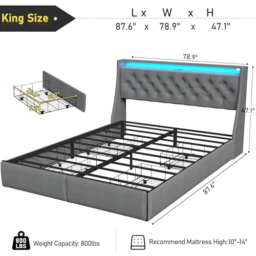 SADENICEL Queen Bed Frame with Storage Headboard and 4 Drawer, Metal Platform Bed Frame Queen Size with LED Light, Charging Station, No Box Spring Needed, Noise Free, Easy Assembly, Grey
