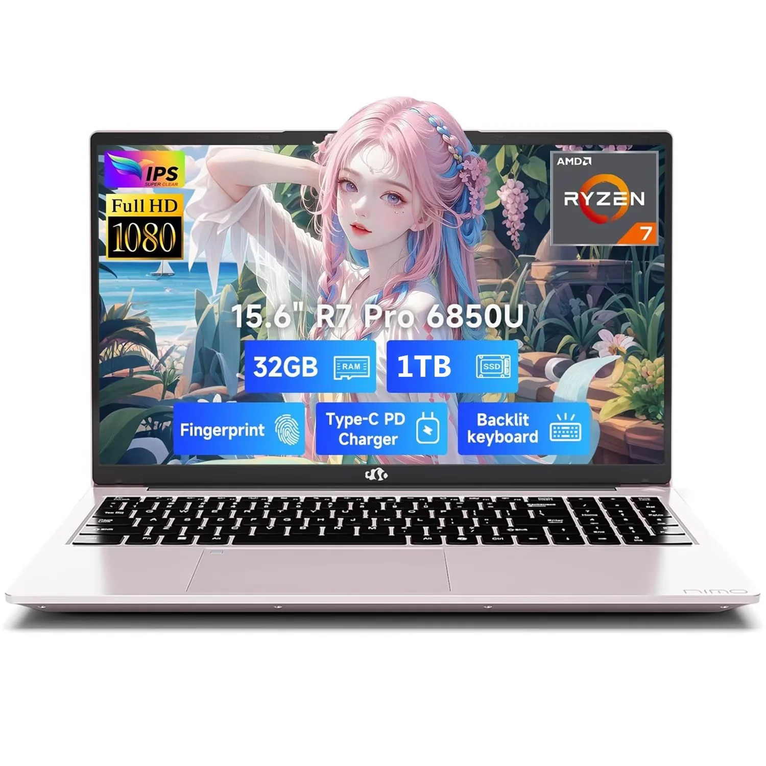 15.6" FHD Gaming Laptop, 8 Cores AMD Ryzen 7 Pro 6850U (Beat i7-1360P Up to 4.7GHz) 32GB LPDDR5 RAM 1TB SSD AMD Radeon 680M GPU IPS FHD Computer with 100W Type-C Backlit Keyboard Fingerprint RoseGold