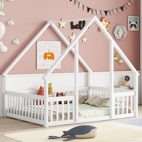 Unique Wooden Full Size House Shaped Floor Bed with Roof,Fence and Guardrails,for Kids Boys Girls Teens Bedroom Use (White@Fence, Full)