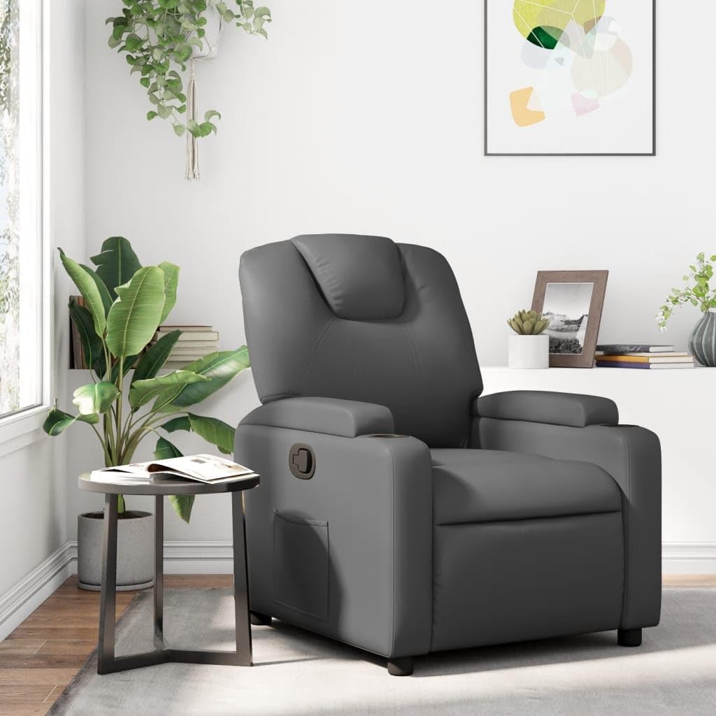 vidaXL Adjustable Recliner Chair - Gray Faux Leather Wingback Armchair with Cup Holders, Side Pocket for Elderly, Manual Recline, Lounge Seating